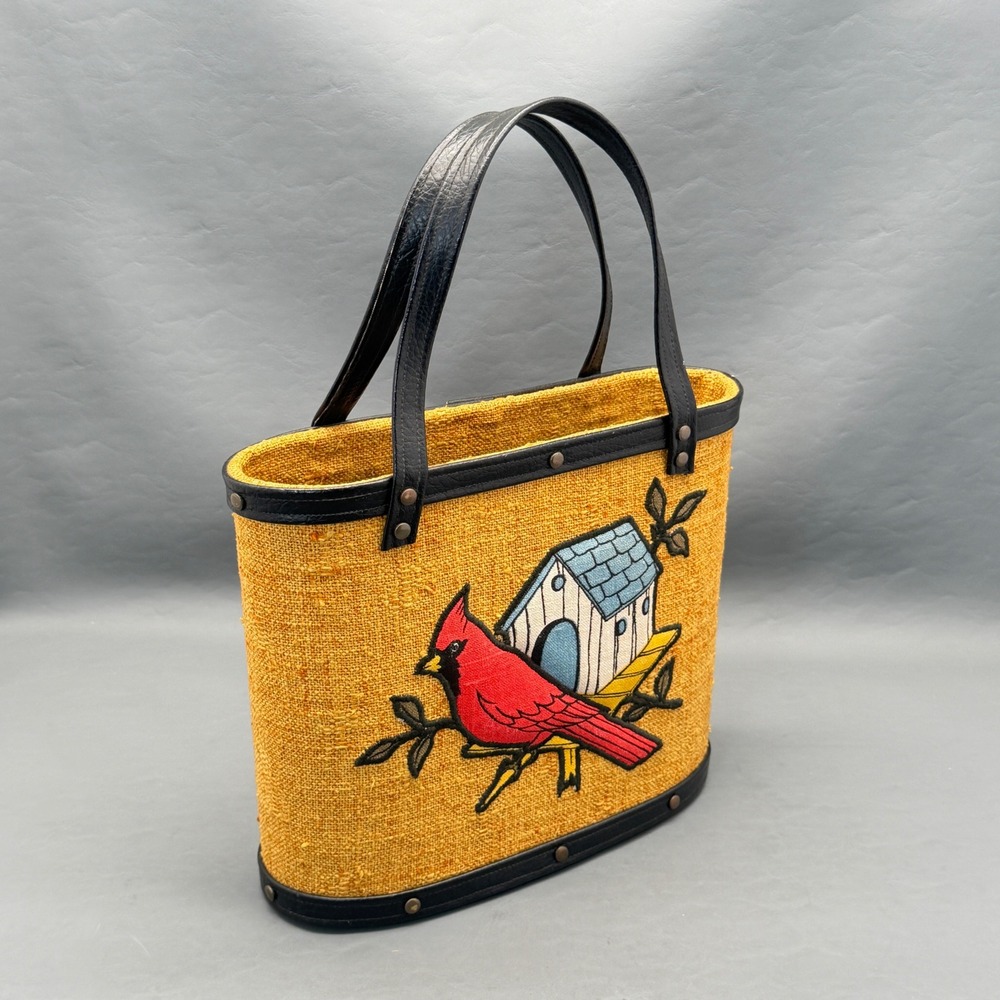 Vintage Cardinal Birdhouse Burlap Tote Bag Black Leather Trim Handbag Purse